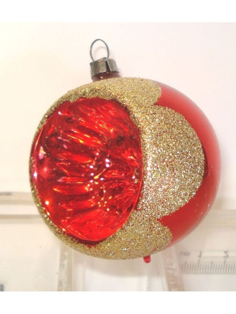 Vintage German Red With Gold Glitter Indented Glass Christmas Ornament